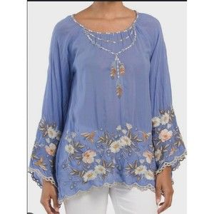 Johnny Was XXS INDINA Top Blouse French Blue Rayon Embroidered Bell Sleeve EUC